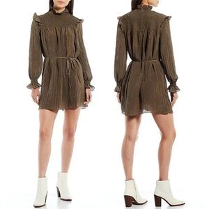 French Connection Boza Crinkle Moss Green smocked high neck blouson dress medium